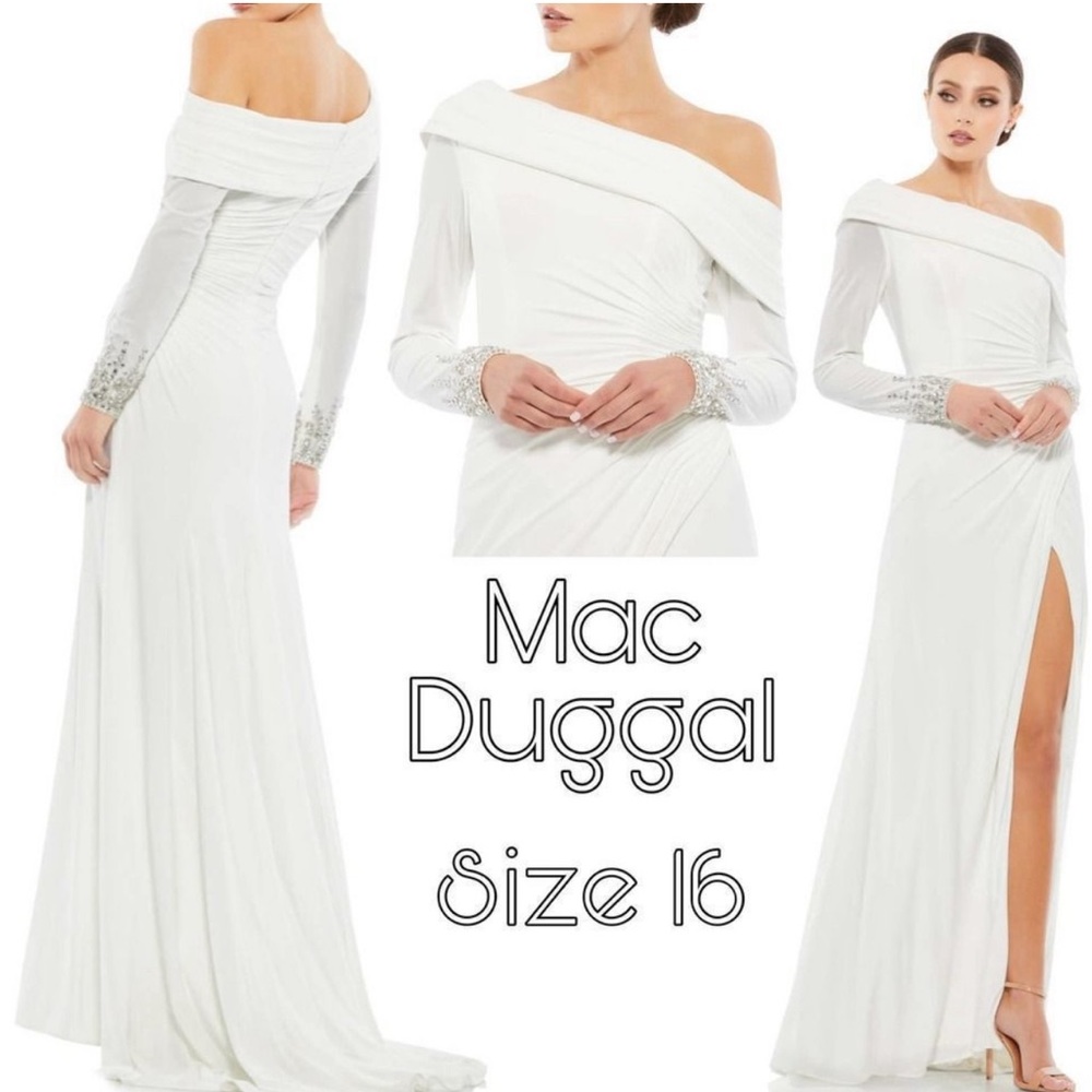 Size 16 / 12231- Damaged BEADED CUFF DROP SHOULDER FAUX WRAP GOWN - Mac Duggal